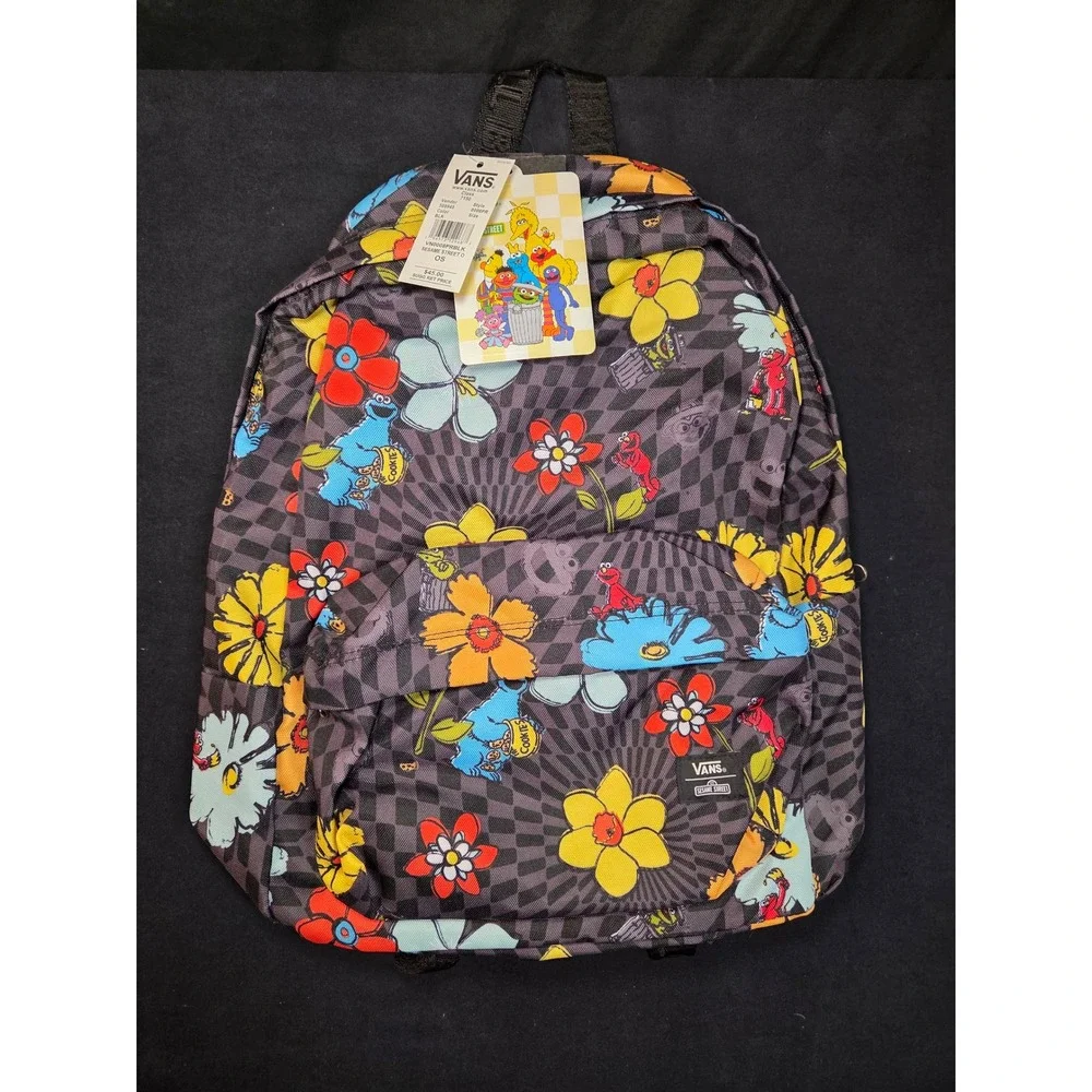 Vans Sesame Street Backpack Black Checkerboard Floral Elmo Cookie Monster new!